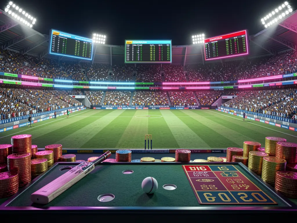 SM9999 cricket sportsbook scene showing a packed cricket stadium with a green field, bat and ball, digital live odds panels, coins, and neon lighting in a cinematic 3D render