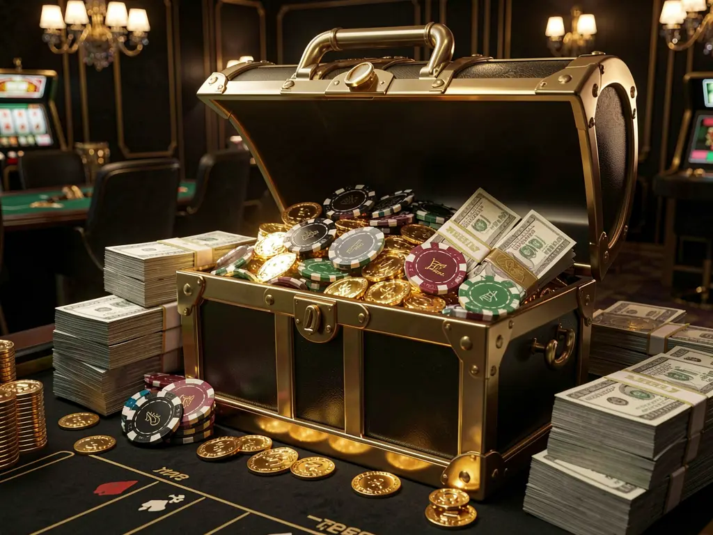 SM9999 casino rewards scene featuring a golden treasure chest overflowing with chips, cash bundles, and sparkling coins in an elegant black and gold style with dramatic lighting