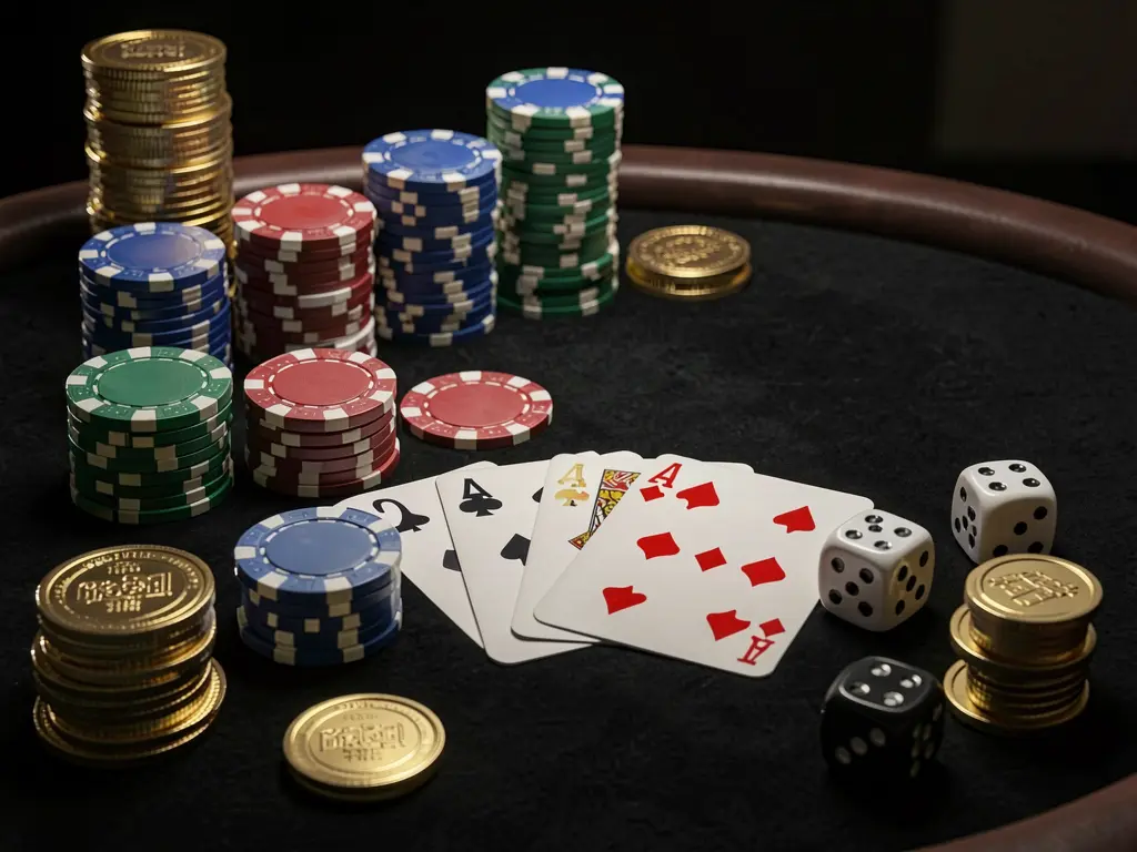 Close-up of an elegant casino table featuring poker chips, playing cards, dice, and gold coins with soft cinematic lighting on a luxury black background, showcasing SM9999's premium gaming experience