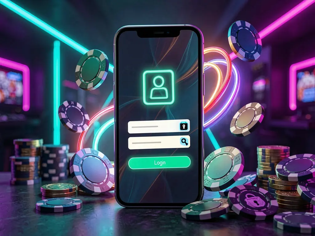 SM9999 mobile gaming login page concept on smartphone with abstract user and lock icons, casino chips and coins around, illuminated by luxury neon lighting