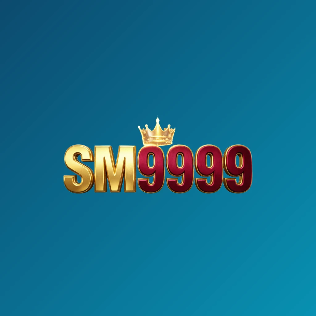 Dynamic casino-style logo for SM9999 featuring massive bold gold and crimson lettering with a glowing crown and sparkling light effects on a transparent background, designed as a wide horizontal rectangular wordmark for a website header.